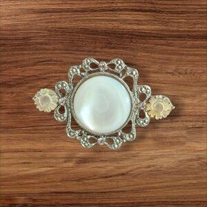 Vintage Silver-Tone Brooch With Faux Pearl Center & Mother Of Pearl Floral Accen